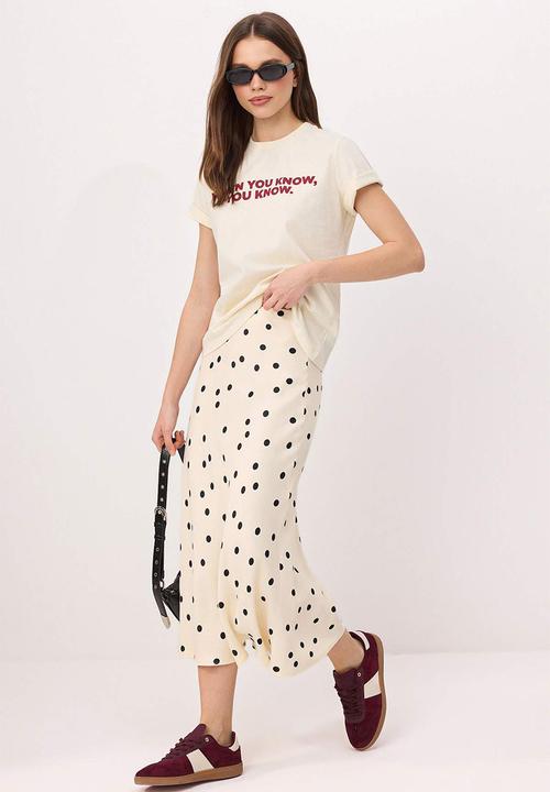 Trendyol - Polka Dot Satin Midi Skirt - Ecru