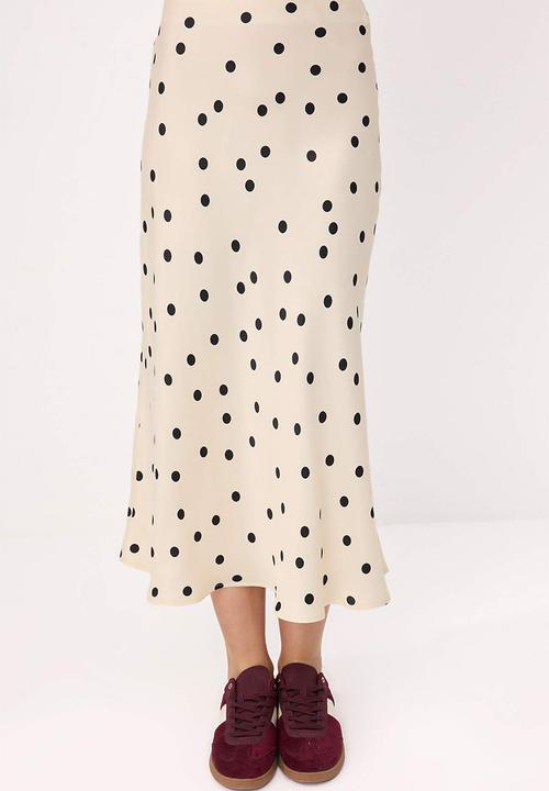 Trendyol - Polka Dot Satin Midi Skirt - Ecru