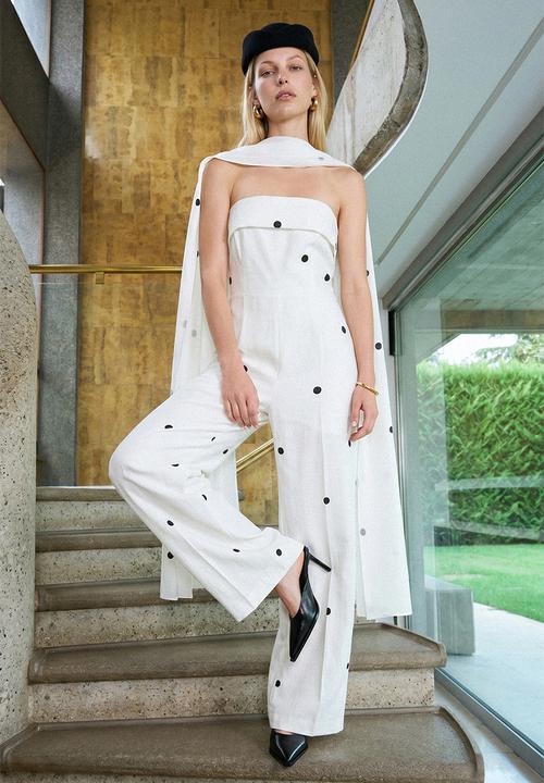 Trendyol - Polka Dot Strapless Jumpsuit - white