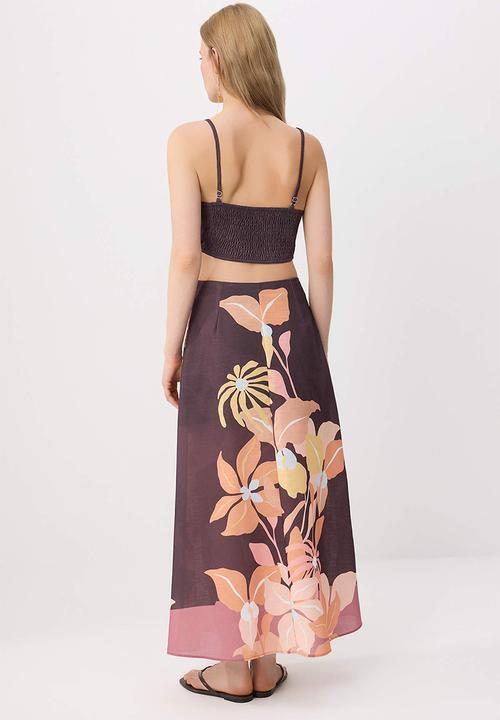 Trendyol - Beaded Strap Floral Print Top and Midi Skirt Set - Multicolour