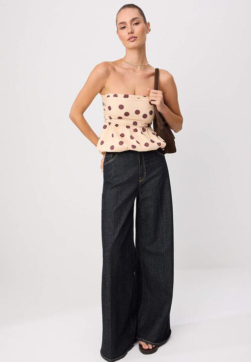 Trendyol - Strapless Balloon-Fit Polka Dot Blouse - Neutral