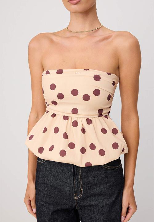 Trendyol - Strapless Balloon-Fit Polka Dot Blouse - Neutral