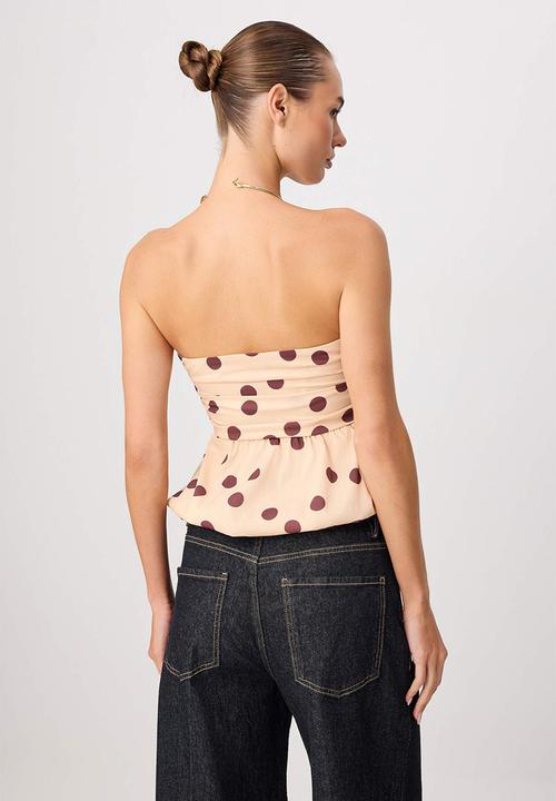 Trendyol - Strapless Balloon-Fit Polka Dot Blouse - Neutral