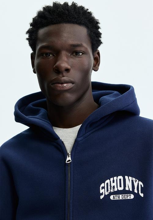 H&M - Oversized fit printed zip-through hoodie - navy blue/soho nyc