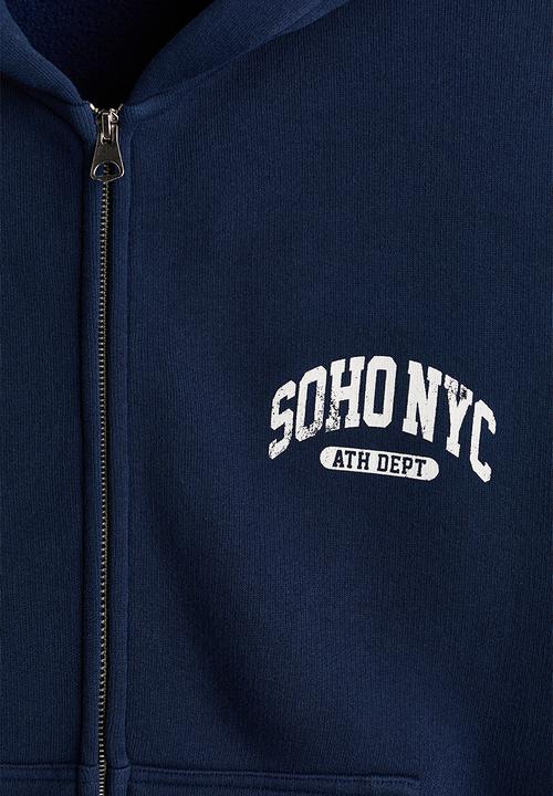 H&M - Oversized fit printed zip-through hoodie - navy blue/soho nyc