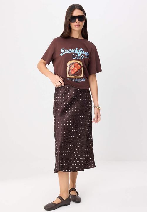 Trendyol - Polka Dot Satin Midi Skirt - Brown
