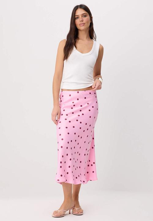Trendyol - Polka Dot Satin Midi Skirt - Pink
