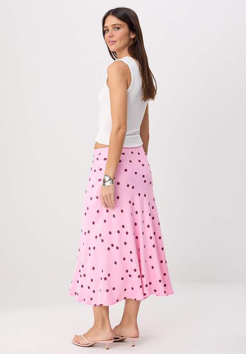 Trendyol - Polka Dot Satin Midi Skirt - Pink