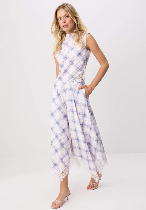 Trendyol - Plaid Lace Detail Asymmetric Skirt - White & Blue