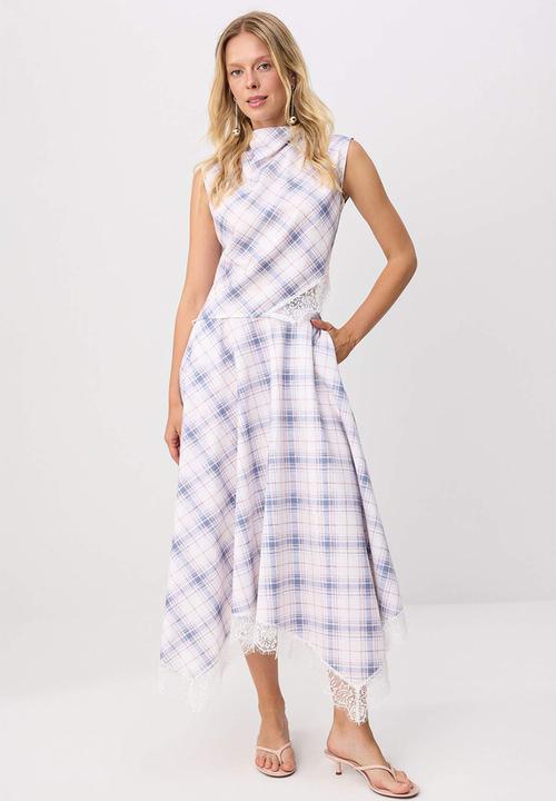 Trendyol - Plaid Lace Detail Asymmetric Skirt - White & Blue