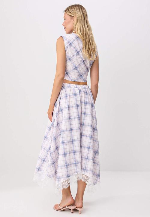 Trendyol - Plaid Lace Detail Asymmetric Skirt - White & Blue
