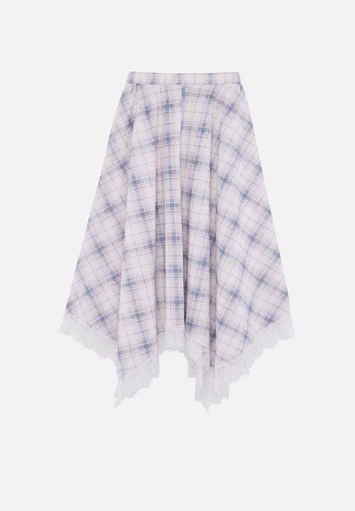 Trendyol - Plaid Lace Detail Asymmetric Skirt - White & Blue