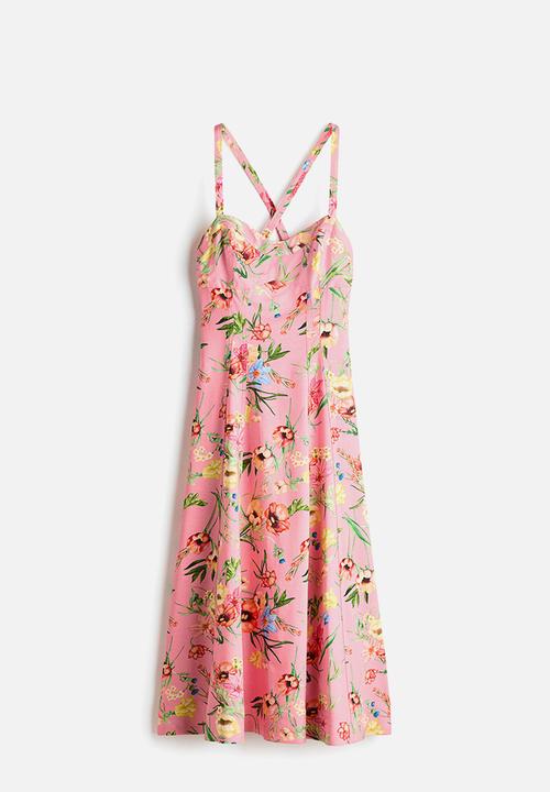 H&M - Flared linen-blend dress - light pink/floral