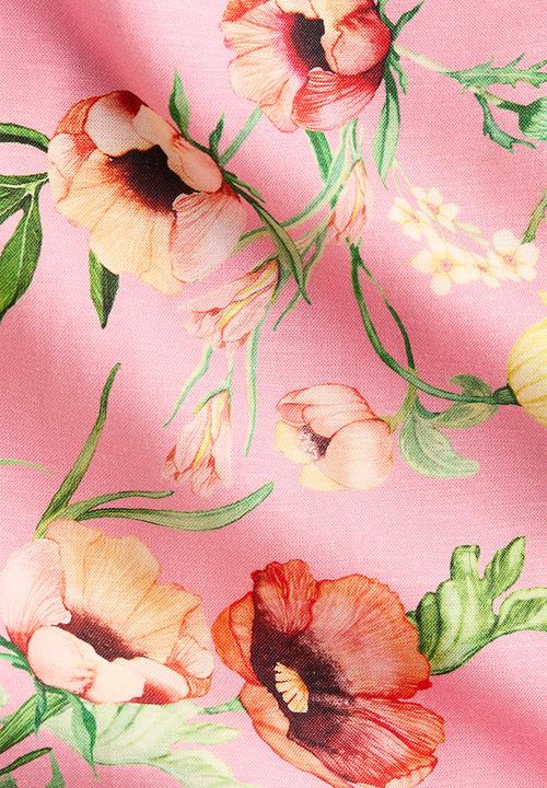 H&M - Flared linen-blend dress - light pink/floral