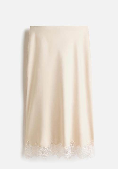 H&M - Lace-trimmed slip skirt - light beige
