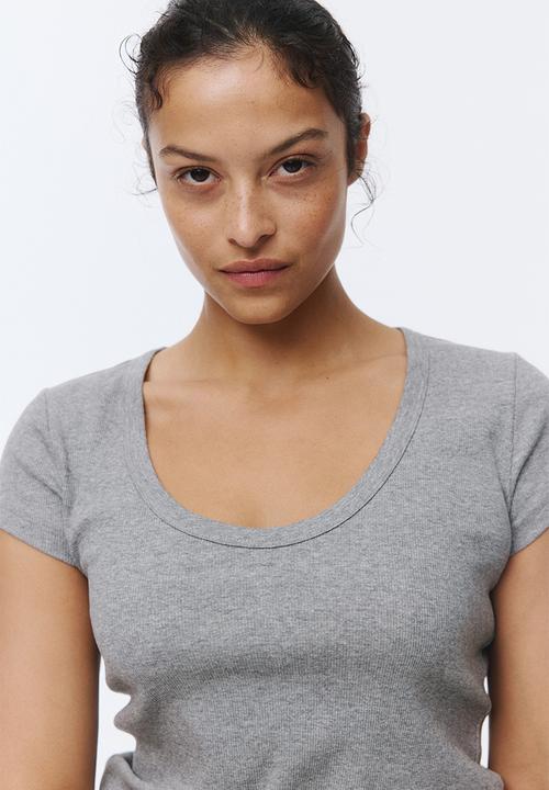 H&M - Ribbed scoop-neck t-shirt - grey marl