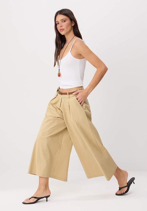 Trendyol - Belted Paper-Touch Skirt-Look Trousers - Beige