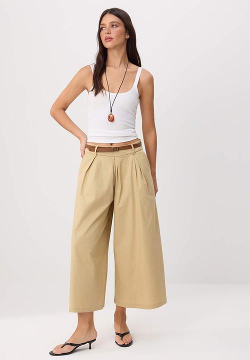 Trendyol - Belted Paper-Touch Skirt-Look Trousers - Beige