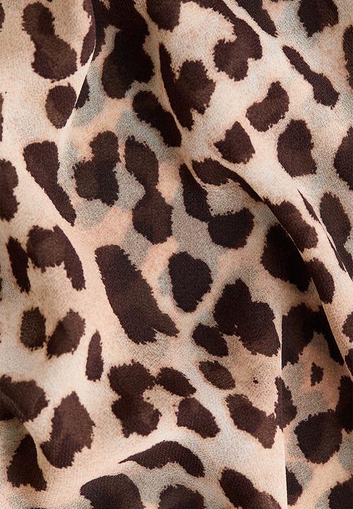H&M - Scarf-collar chiffon top - light beige/leopard print