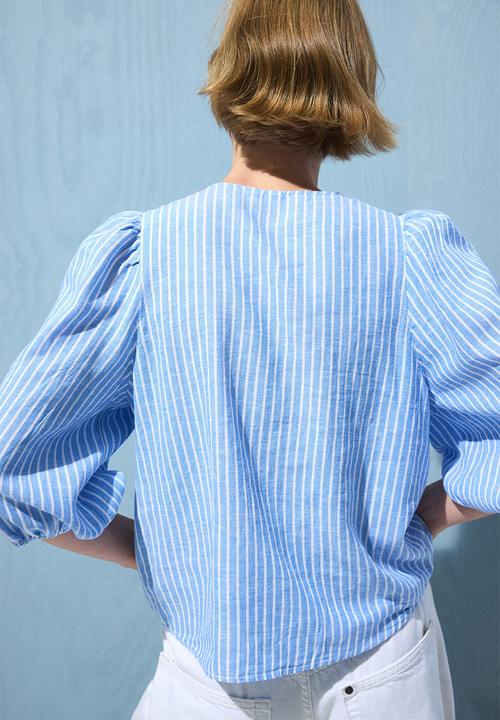 H&M - Linen-blend blouse - light blue/white striped