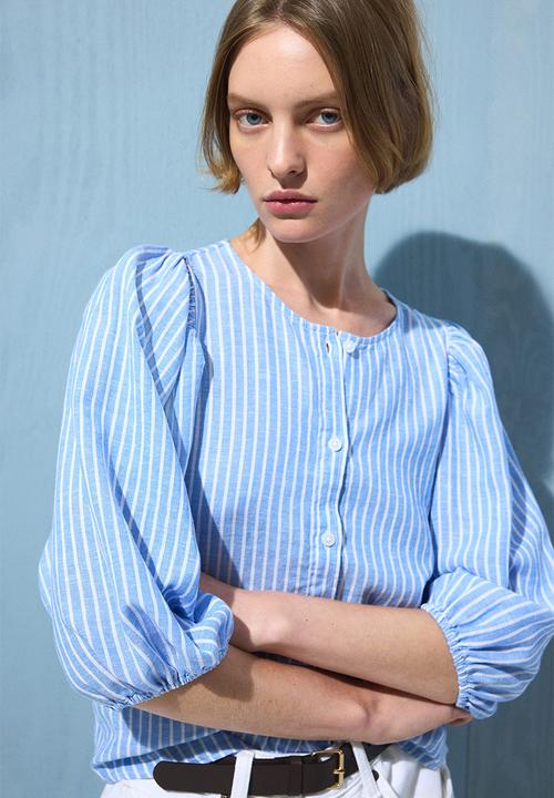 H&M - Linen-blend blouse - light blue/white striped