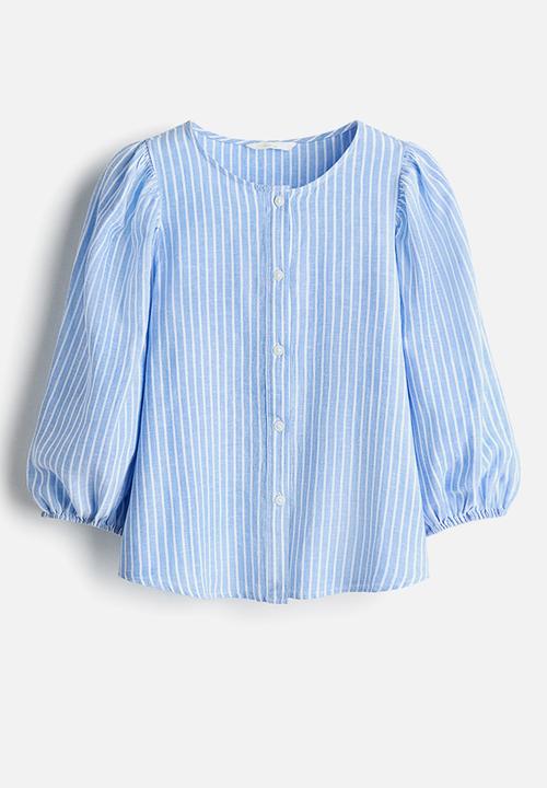 H&M - Linen-blend blouse - light blue/white striped