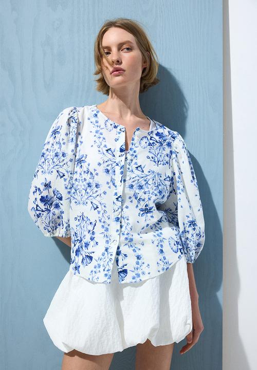 H&M - Linen-blend blouse - medium blue/floral