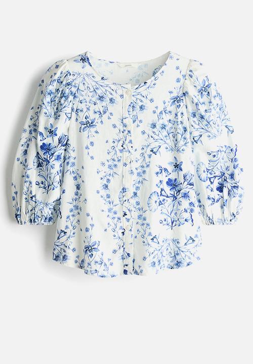 H&M - Linen-blend blouse - medium blue/floral