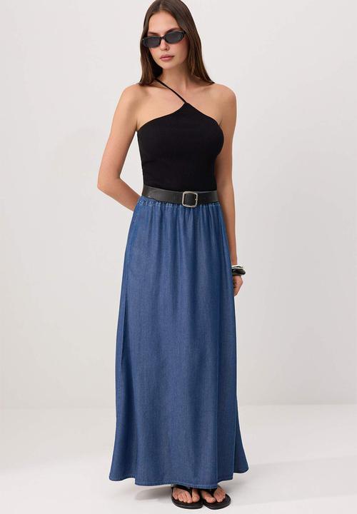 Trendyol - Draped Tencel Maxi Denim Skirt - Blue