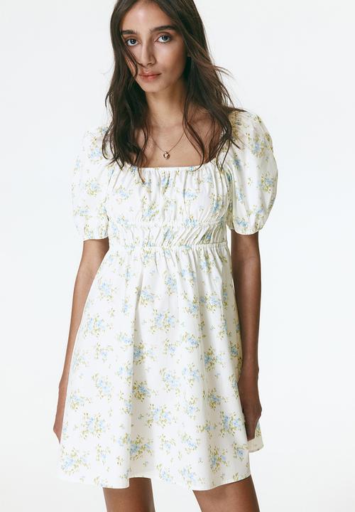 H&M - Puff-sleeved poplin dress - cream/floral