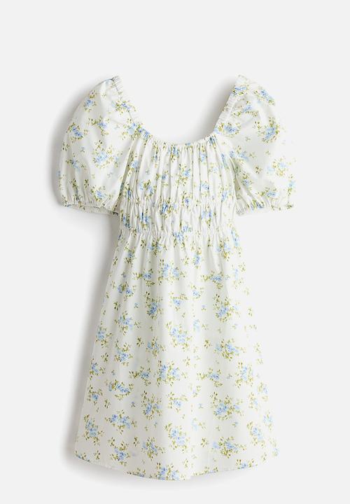 H&M - Puff-sleeved poplin dress - cream/floral