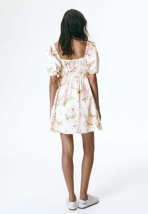 H&M - Puff-sleeved poplin dress - cream/pink floral