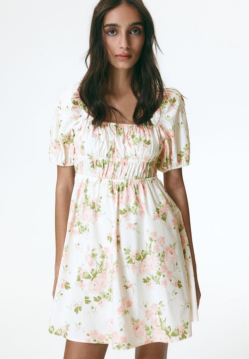 H&M - Puff-sleeved poplin dress - cream/pink floral