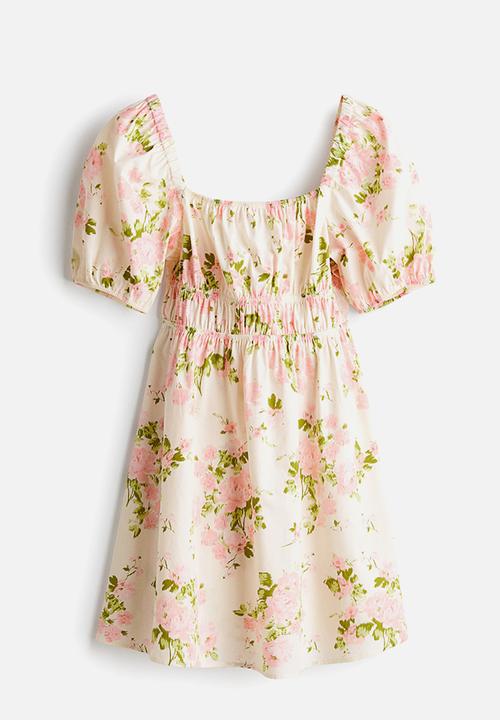 H&M - Puff-sleeved poplin dress - cream/pink floral