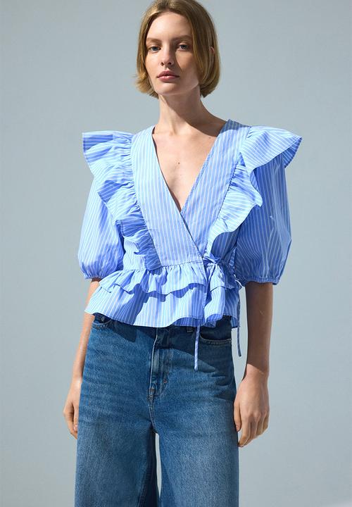 H&M - Poplin wrap blouse - light blue/striped