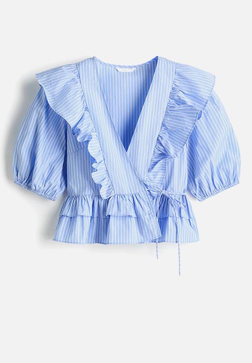 H&M - Poplin wrap blouse - light blue/striped