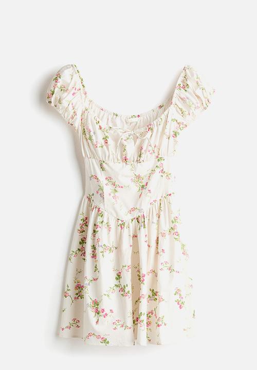 H&M - Flared-skirt poplin dress - white/floral
