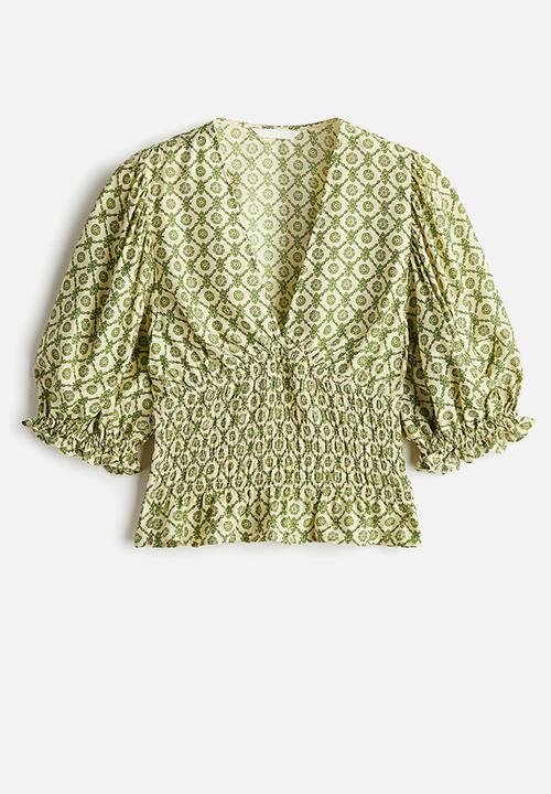 H&M - Smocked-waist blouse - green/patterned