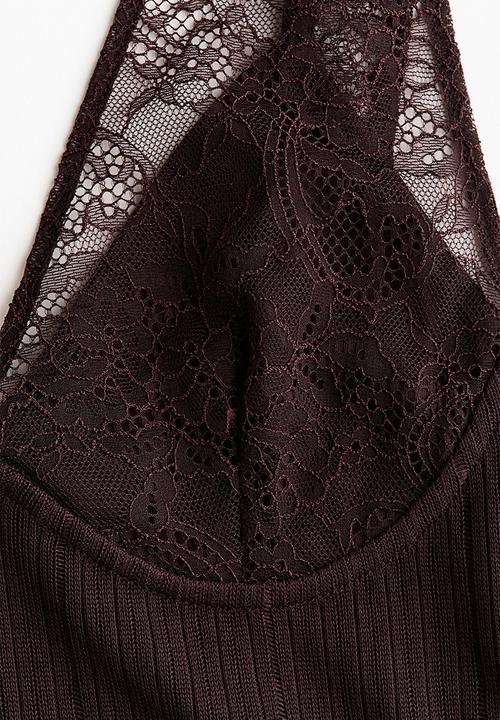 H&M - Lace-detail rib-knit top - dark brown