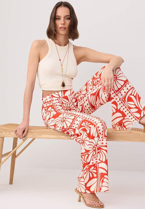 Trendyol - Patterned Viscose Wide-Leg Trousers with Elasticated Waist - Red-Multicolour