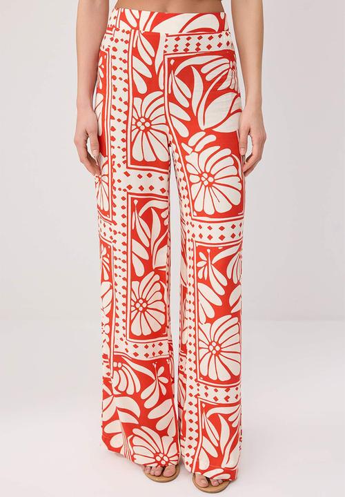 Trendyol - Patterned Viscose Wide-Leg Trousers with Elasticated Waist - Red-Multicolour
