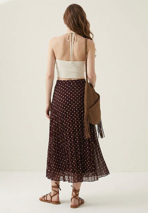 Trendyol - Polka Dot Pleated Chiffon Midi Skirt - Brown