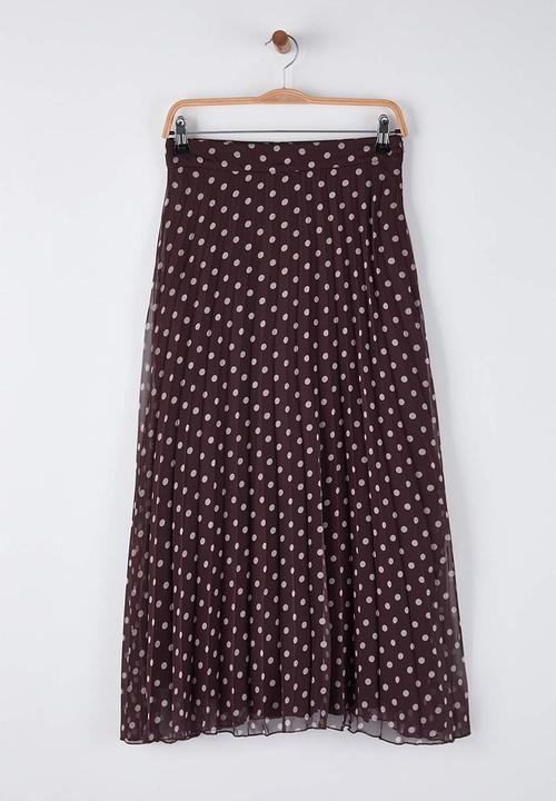 Trendyol - Polka Dot Pleated Chiffon Midi Skirt - Brown