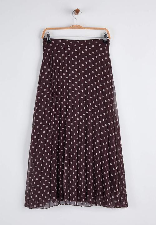 Trendyol - Polka Dot Pleated Chiffon Midi Skirt - Brown