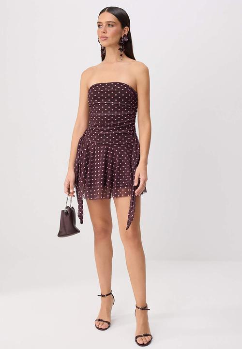 Trendyol - Polka Dot Strapless Cut-Out Mini Party Dress - Brown