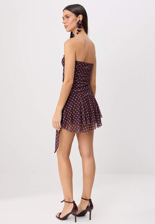 Trendyol - Polka Dot Strapless Cut-Out Mini Party Dress - Brown