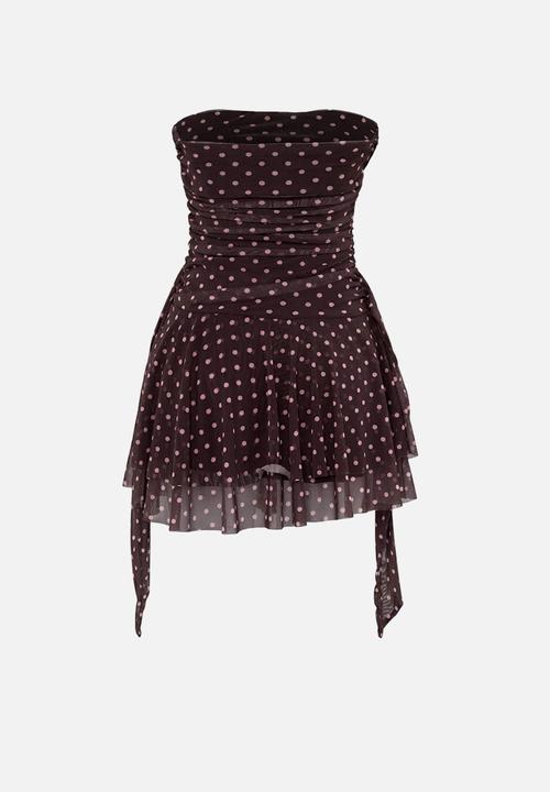 Trendyol - Polka Dot Strapless Cut-Out Mini Party Dress - Brown