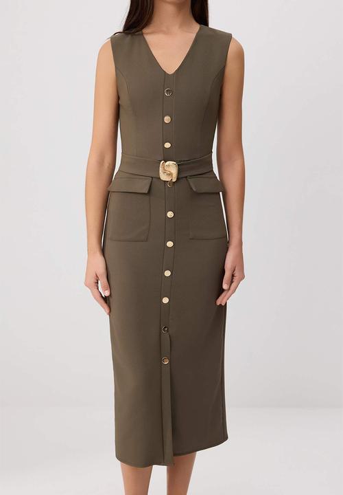 Trendyol - Belted Midi Dress with Accessory Detail - Khaki