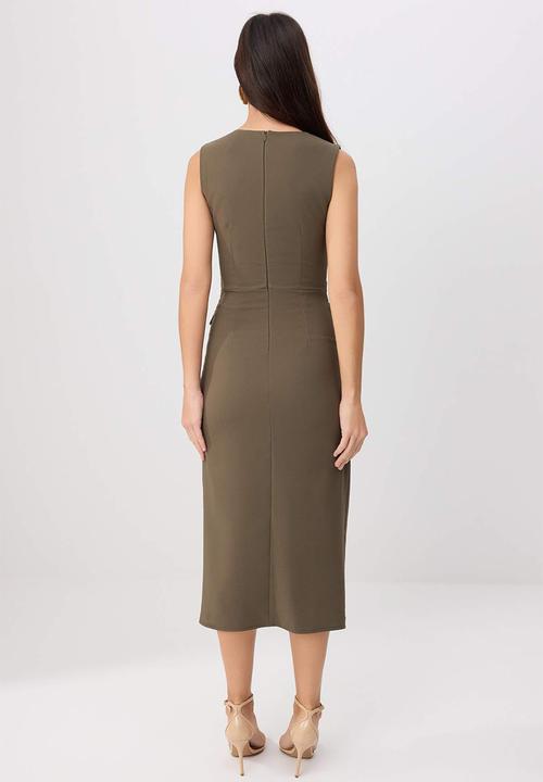 Trendyol - Belted Midi Dress with Accessory Detail - Khaki