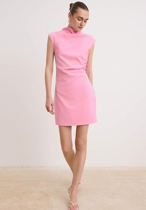 Trendyol - Draped High Neck Mini Dress - Pink